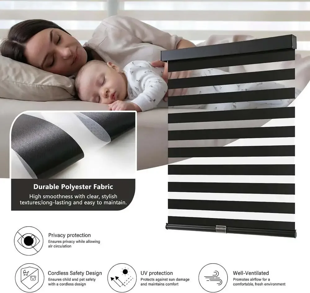AOSKY Cordless Zebra Blinds 33”W x 72”H Black Dual Layer Roller Window Shade